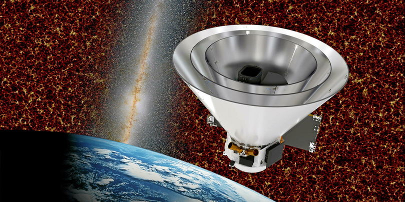 Vue d'artiste du télescope spatial SPHEREx en orbite autour de la Terre : ses boucliers coniques caractéristiques protègent l'instrument des rayonnements du Soleil et de la Terre, lui permettant d'observer l'Univers en 102 longueurs d'onde infrarouges différentes.
