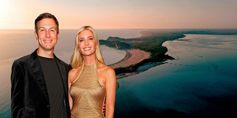 Jared Kushner et son épouse, Ivanka Trump (ici en mai 2025 à Miami), la fille aînée de Donald Trump. (En fond, la péninsule de Karaburun qui jouxte l’île de Sazan.)
